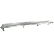 A long, NSF stainless steel wall mount storage shelf features three angled metal brackets for support. The shelf has a raised back edge, and two labels with blue text are visible on the left end. The background is plain white.