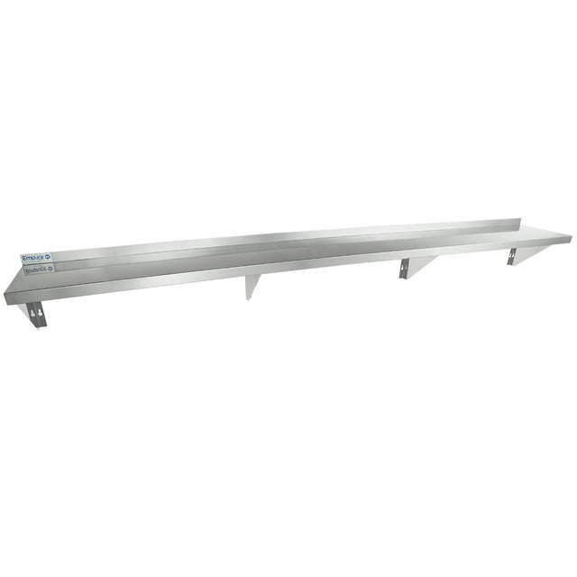 A long, NSF stainless steel wall mount storage shelf features three angled metal brackets for support. The shelf has a raised back edge, and two labels with blue text are visible on the left end. The background is plain white.