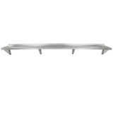A long, NSF-certified stainless steel shelf with a raised back edge and four supporting brackets is mounted against a plain white background. The sturdy wall mount storage shelf has an industrial look, perfect for storage or display.