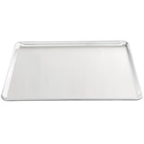 A large rectangular bun sheet pan with slightly raised edges on all sides, shown on a white background. The sheet is clean, shiny, and crafted from heavy duty aluminum for durability and reliability in any kitchen.