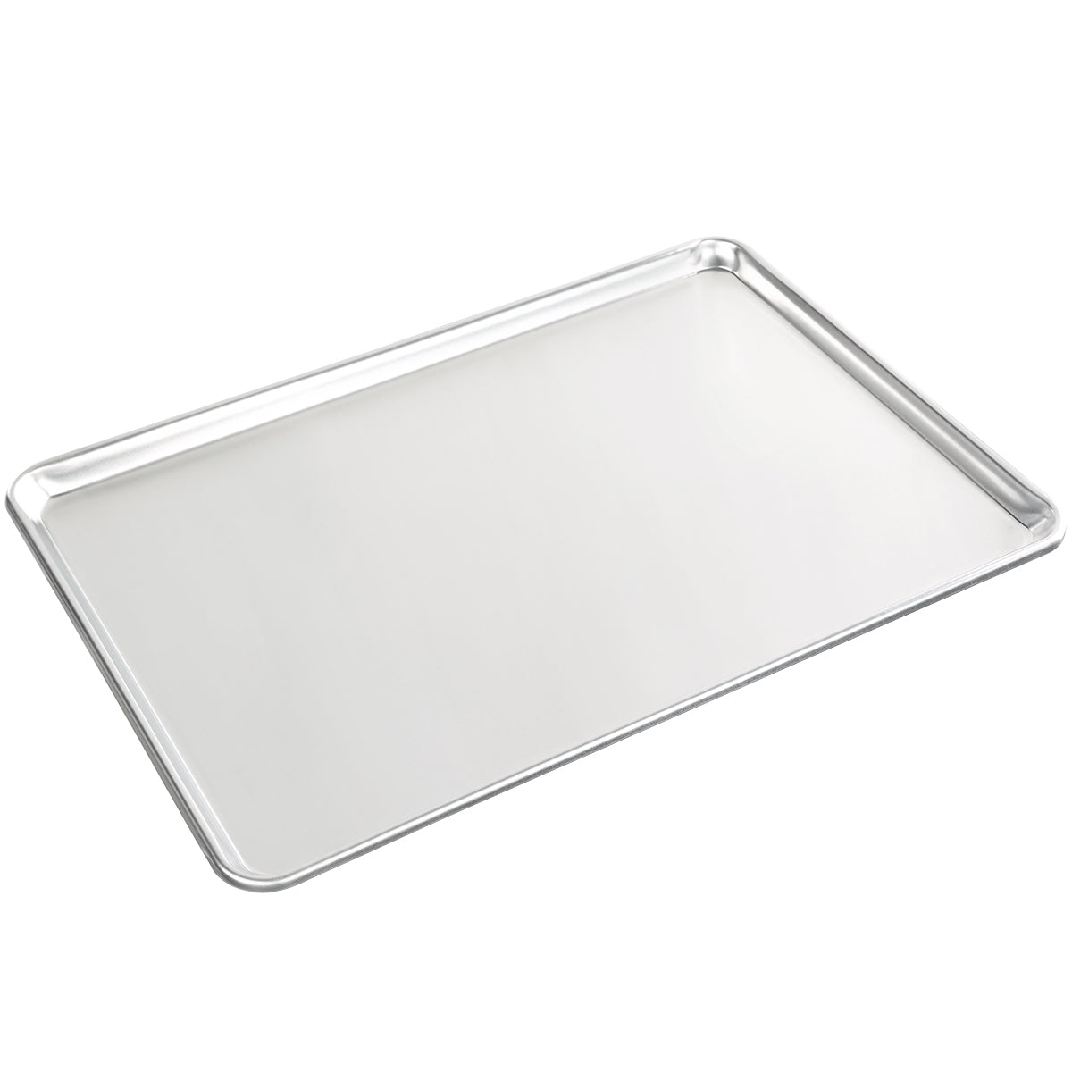 A shiny, full size heavy duty aluminum bun sheet pan with slightly raised edges rests on a white background. The surface is smooth and reflective, featuring neatly rounded corners with no visible markings or handles.