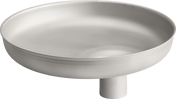 A minimalist, round stainless steel grind pan with smooth sides and a flat base, elevated by a short cylindrical pedestal at the center bottom. The matte silver surface features subtle circular ridges—perfect for Hobart applications with modern design.