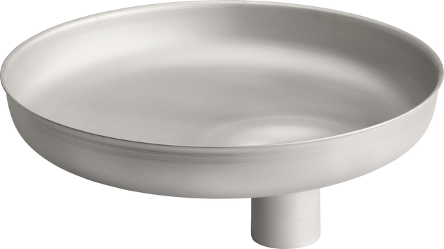 A minimalist, round stainless steel grind pan with smooth sides and a flat base, elevated by a short cylindrical pedestal at the center bottom. The matte silver surface features subtle circular ridges—perfect for Hobart applications with modern design.