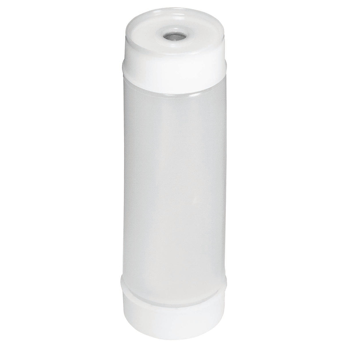 A cylindrical, translucent NSF water filter cartridge with white plastic caps on both ends. The clear, slightly frosted body stands upright against a white background, featuring a top cap with a small circular opening in the center.