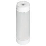 A cylindrical, translucent NSF water filter cartridge with white plastic caps on both ends. The clear, slightly frosted body stands upright against a white background, featuring a top cap with a small circular opening in the center.