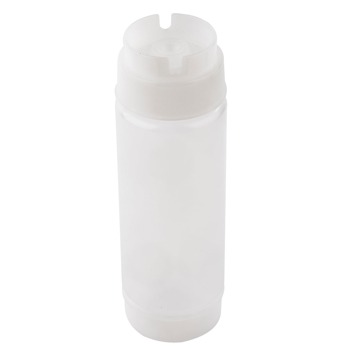 A clear, cylindrical plastic squeeze dispenser with a white Invertatop flip-top cap. The plain bottle has no label or markings and is shown standing upright against a white background.