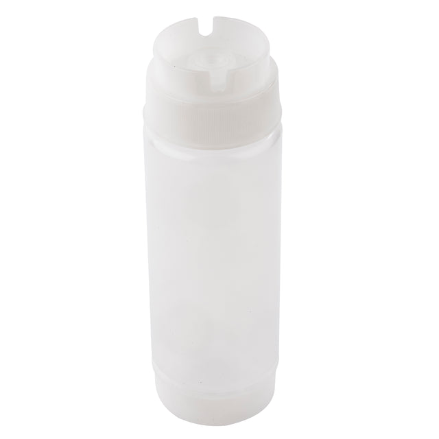 A clear, cylindrical plastic squeeze dispenser with a white Invertatop flip-top cap. The plain bottle has no label or markings and is shown standing upright against a white background.
