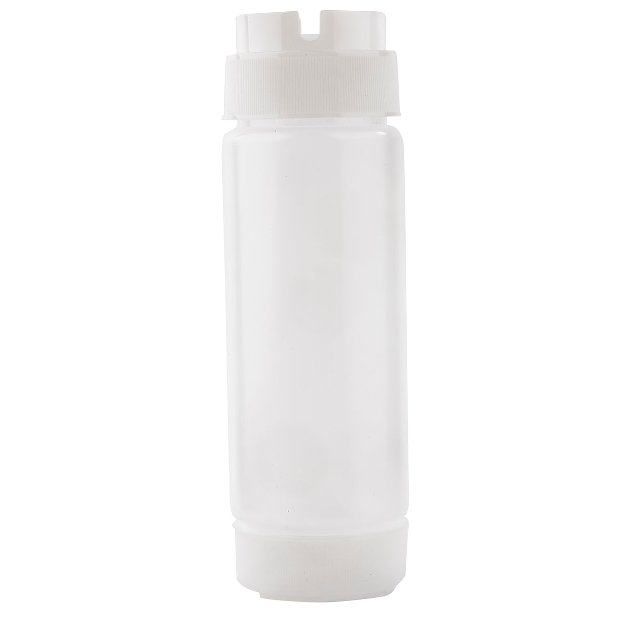 A translucent, cylindrical squeeze dispenser with a white Invertatop flip-top cap and a slightly wider base. The NSF-certified bottle is empty and stands upright against a plain white background.