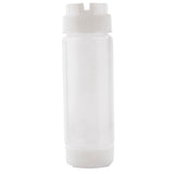 A translucent, cylindrical squeeze dispenser with a white Invertatop flip-top cap and a slightly wider base. The NSF-certified bottle is empty and stands upright against a plain white background.