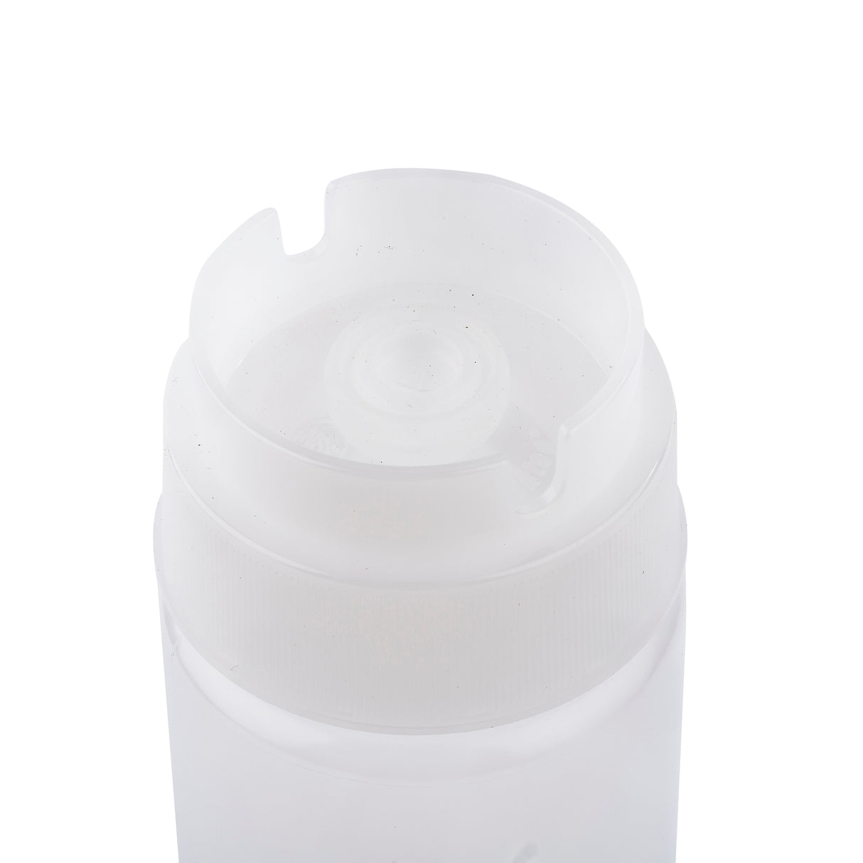 A close-up of a translucent, frosted plastic bottle with an Invertatop squeeze dispenser and snap-top cap. The partially open cap reveals the circular dispensing hole. The plain white background accentuates the empty NSF-compliant bottle.