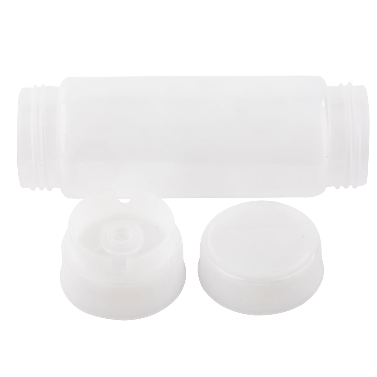 A translucent, empty plastic squeeze dispenser bottle is shown horizontally with its two separate white caps—one solid and one nozzle-style—placed in front. Both are designed to screw onto the bottle’s threaded neck, featuring the versatile Invertatop system.