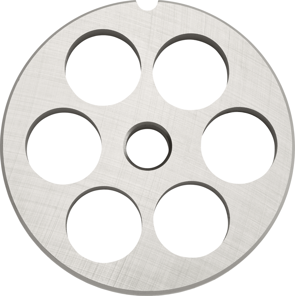 A round, metallic #12 Stay Sharp Plate with a brushed texture features six evenly spaced large holes around a smaller central hole. The discs edge has a small notch, and the shiny surface stands out against the white background—perfect for Hobart grinders.