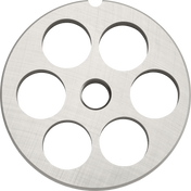 A round, metallic #12 Stay Sharp Plate with a brushed texture features six evenly spaced large holes around a smaller central hole. The discs edge has a small notch, and the shiny surface stands out against the white background—perfect for Hobart grinders.