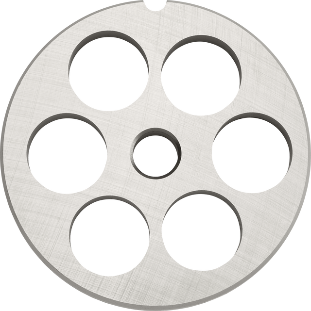 A round, metallic #12 Stay Sharp Plate with a brushed texture features six evenly spaced large holes around a smaller central hole. The discs edge has a small notch, and the shiny surface stands out against the white background—perfect for Hobart grinders.