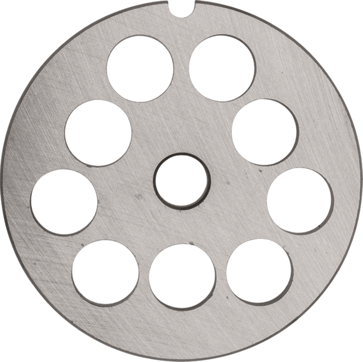 A round, flat metal disc with a brushed finish, the Stay Sharp Plate features eight evenly spaced large holes near the outer edge, one hole in the center, and a small notch on its rim. The background is plain white.