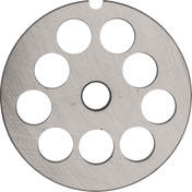 A round, flat metal disc with a brushed finish, the Stay Sharp Plate features eight evenly spaced large holes near the outer edge, one hole in the center, and a small notch on its rim. The background is plain white.