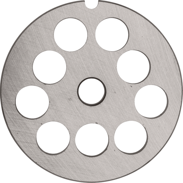 A round, flat metal disc with a brushed finish, the Stay Sharp Plate features eight evenly spaced large holes near the outer edge, one hole in the center, and a small notch on its rim. The background is plain white.