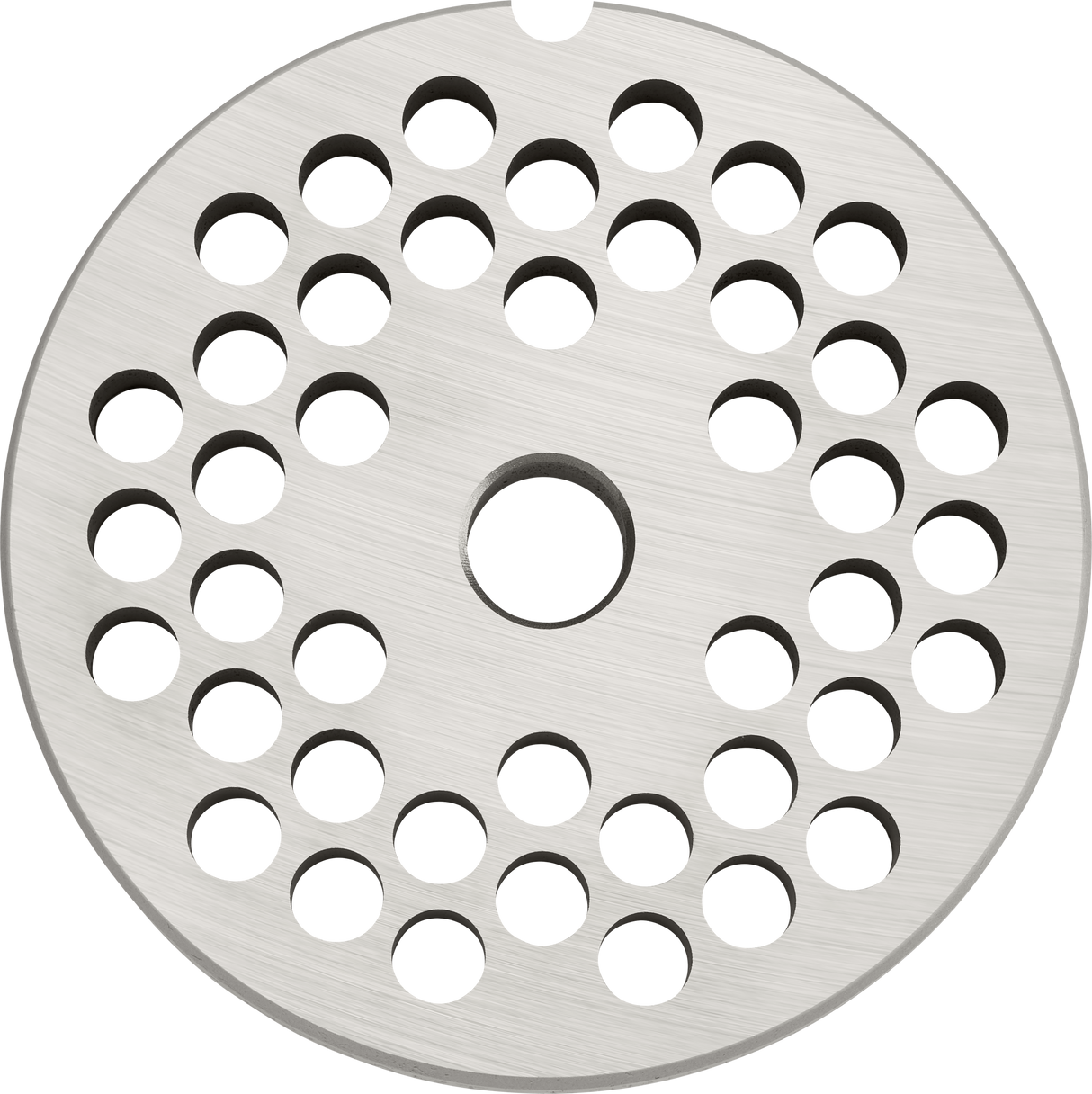 A circular stainless steel Stay Sharp Plate for a #12 meat grinder, like the Hobart 12PLT-1/4S, with a brushed metal finish, a large central hole, evenly spaced smaller holes in concentric circles, and a small semicircular edge notch.