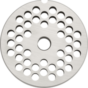 A circular stainless steel Stay Sharp Plate for a #12 meat grinder, like the Hobart 12PLT-1/4S, with a brushed metal finish, a large central hole, evenly spaced smaller holes in concentric circles, and a small semicircular edge notch.