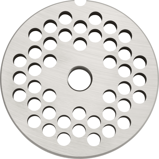 A circular stainless steel Stay Sharp Plate for a #12 meat grinder, like the Hobart 12PLT-1/4S, with a brushed metal finish, a large central hole, evenly spaced smaller holes in concentric circles, and a small semicircular edge notch.
