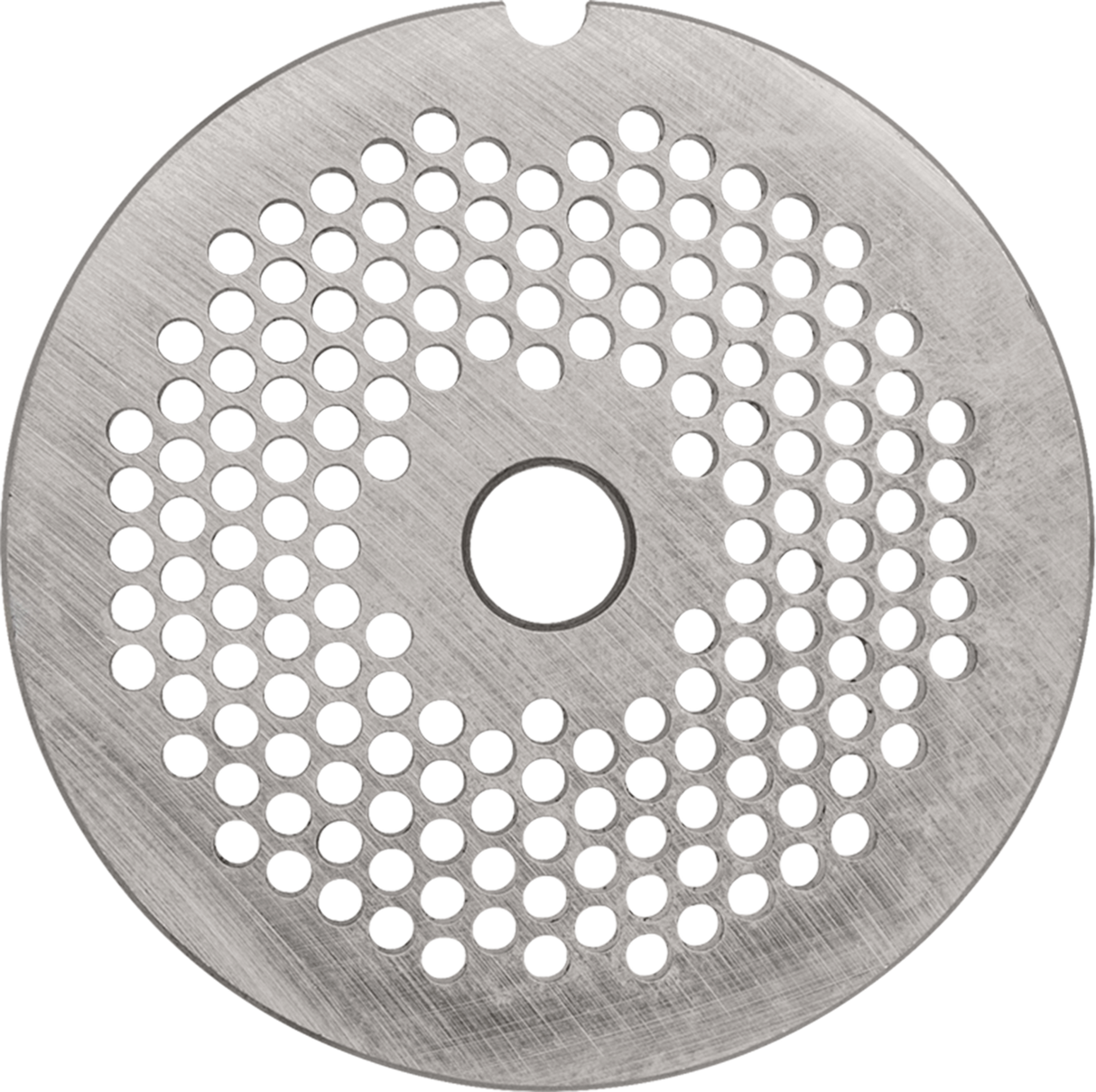 A round, flat metal disc with a brushed finish, featuring a central hole and multiple smaller holes arranged in concentric circles. This Hobart 12PLT #12 plate resembles a Stay Sharp Plate or meat grinder sieve against a plain white background.