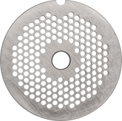 A round, flat metal disc with a brushed finish, featuring a central hole and multiple smaller holes arranged in concentric circles. This Hobart 12PLT #12 plate resembles a Stay Sharp Plate or meat grinder sieve against a plain white background.