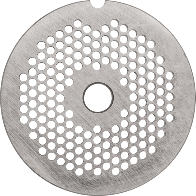 A round, flat metal disc with a brushed finish, featuring a central hole and multiple smaller holes arranged in concentric circles. This Hobart 12PLT #12 plate resembles a Stay Sharp Plate or meat grinder sieve against a plain white background.