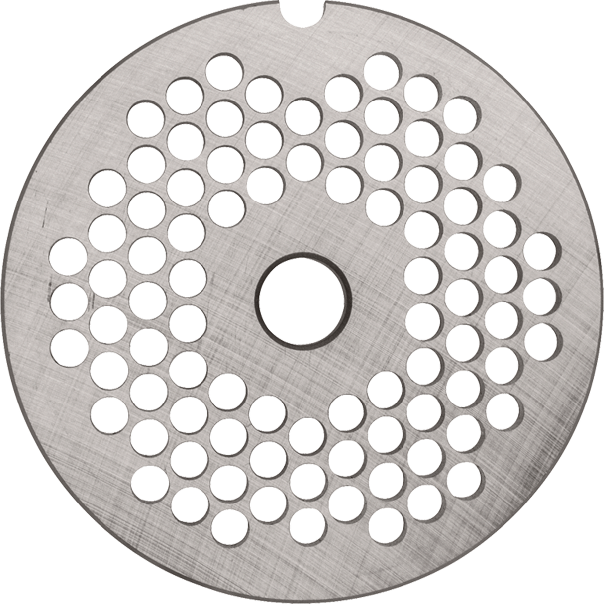 A round metal disc with a brushed finish, this Stay Sharp Plate features a central hole and multiple evenly spaced smaller holes, designed as a #12 meat grinder plate for use in kitchen appliances like the Hobart 12PLT-3/16S.