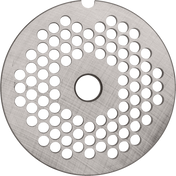 A round metal disc with a brushed finish, this Stay Sharp Plate features a central hole and multiple evenly spaced smaller holes, designed as a #12 meat grinder plate for use in kitchen appliances like the Hobart 12PLT-3/16S.