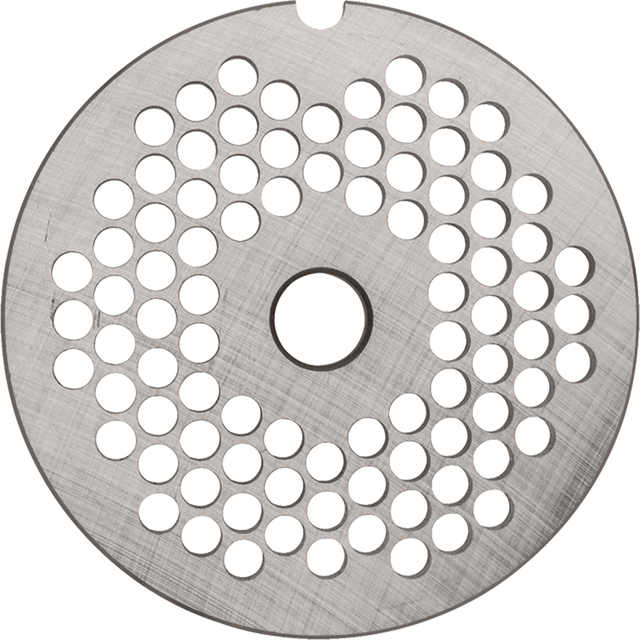 A round metal disc with a brushed finish, this Stay Sharp Plate features a central hole and multiple evenly spaced smaller holes, designed as a #12 meat grinder plate for use in kitchen appliances like the Hobart 12PLT-3/16S.