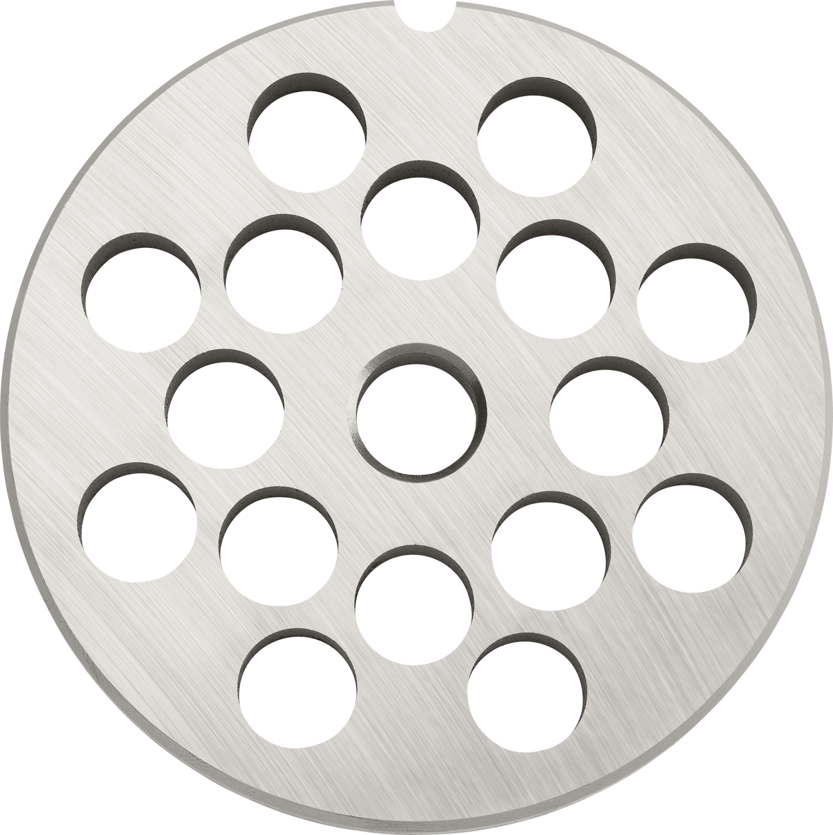A round, metallic #12 Stay Sharp Plate with a brushed texture features fourteen evenly spaced 3/8 circular holes. The Hobart-compatible plate has a small notch on the edge; its surface is smooth, reflective, and symmetrically designed.