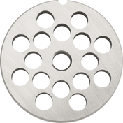A round, metallic #12 Stay Sharp Plate with a brushed texture features fourteen evenly spaced 3/8 circular holes. The Hobart-compatible plate has a small notch on the edge; its surface is smooth, reflective, and symmetrically designed.