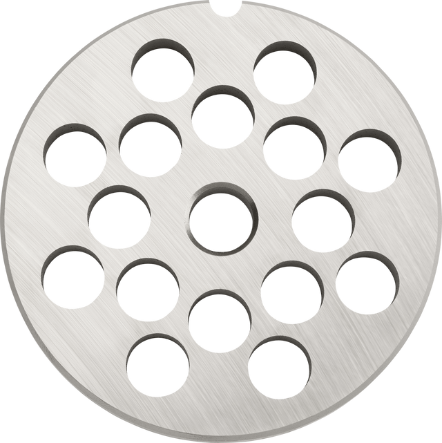 A round, metallic #12 Stay Sharp Plate with a brushed texture features fourteen evenly spaced 3/8 circular holes. The Hobart-compatible plate has a small notch on the edge; its surface is smooth, reflective, and symmetrically designed.