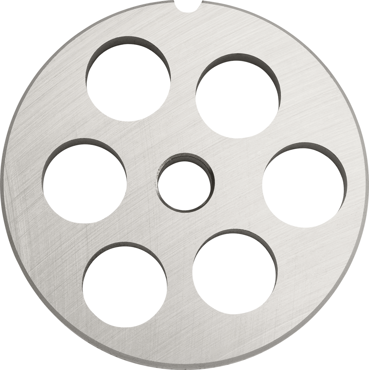 A round, flat, metallic disc with a brushed texture and seven evenly spaced circular holes—six around the edge and one in the center—this Hobart #12 Stay Sharp Plate is used as a 5/8 grinding plate for a meat grinder.