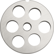 A round, flat, metallic disc with a brushed texture and seven evenly spaced circular holes—six around the edge and one in the center—this Hobart #12 Stay Sharp Plate is used as a 5/8 grinding plate for a meat grinder.