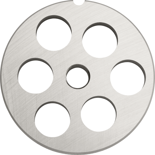 A round, flat, metallic disc with a brushed texture and seven evenly spaced circular holes—six around the edge and one in the center—this Hobart #12 Stay Sharp Plate is used as a 5/8 grinding plate for a meat grinder.