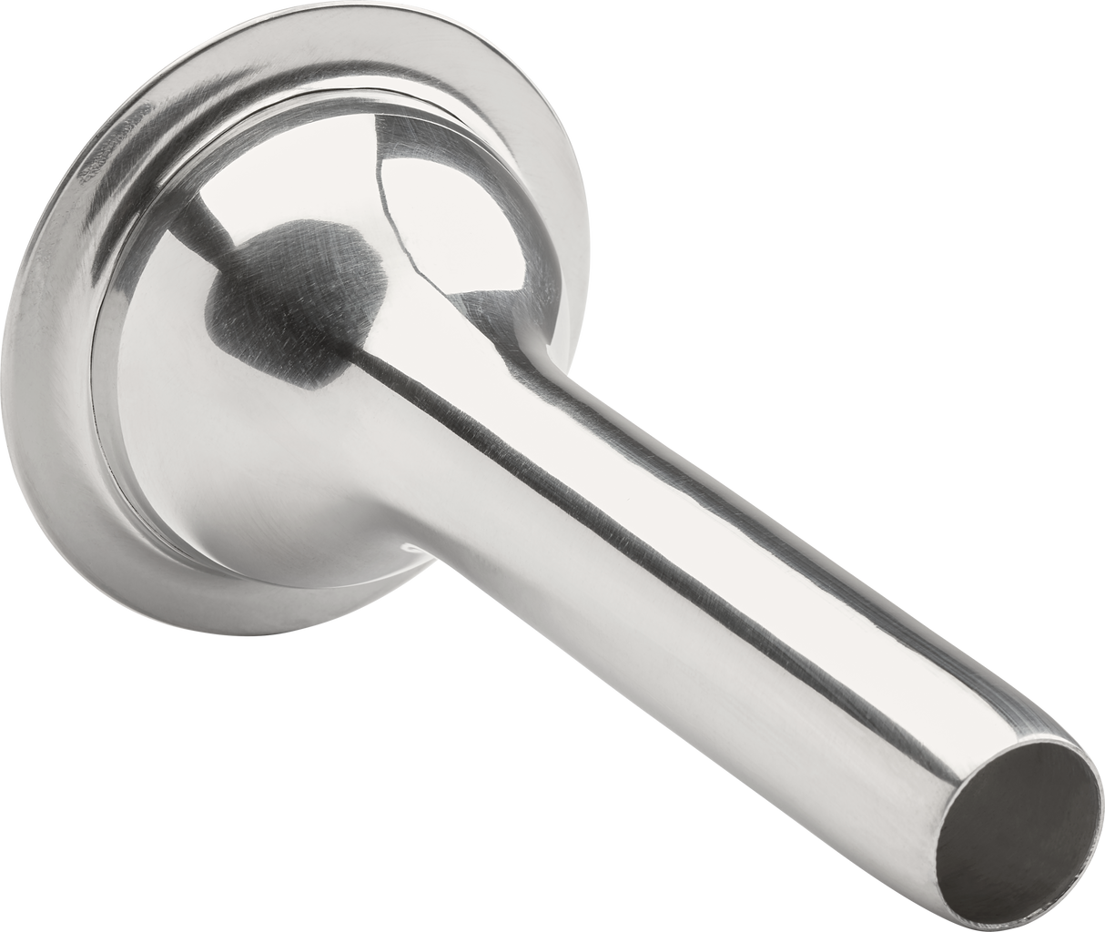 A shiny, metallic #12 Stuffer sausage tube with a wide, round base tapers into a long, cylindrical spout. Made of stainless steel, this large Hobart-compatible stuffer tube is photographed against a plain white background.
