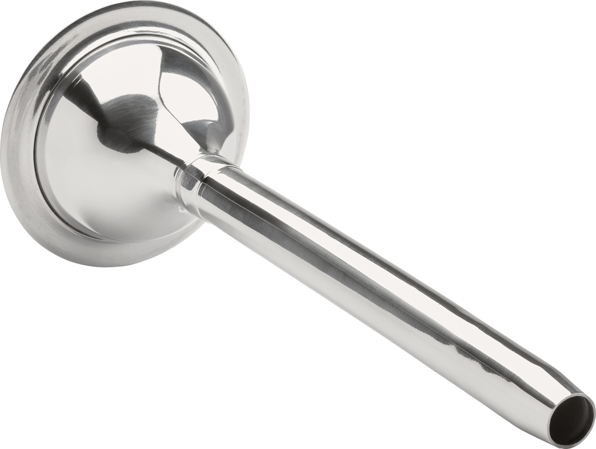 A shiny metallic stethoscope chestpiece with a circular, flat chest cone and a single, cylindrical tube extending outward, reminiscent of Hobart precision tools, photographed on a plain white background.