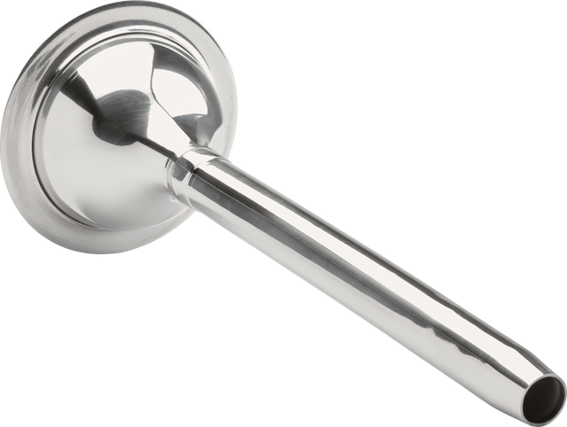 A shiny metallic stethoscope chestpiece with a circular, flat chest cone and a single, cylindrical tube extending outward, reminiscent of Hobart precision tools, photographed on a plain white background.