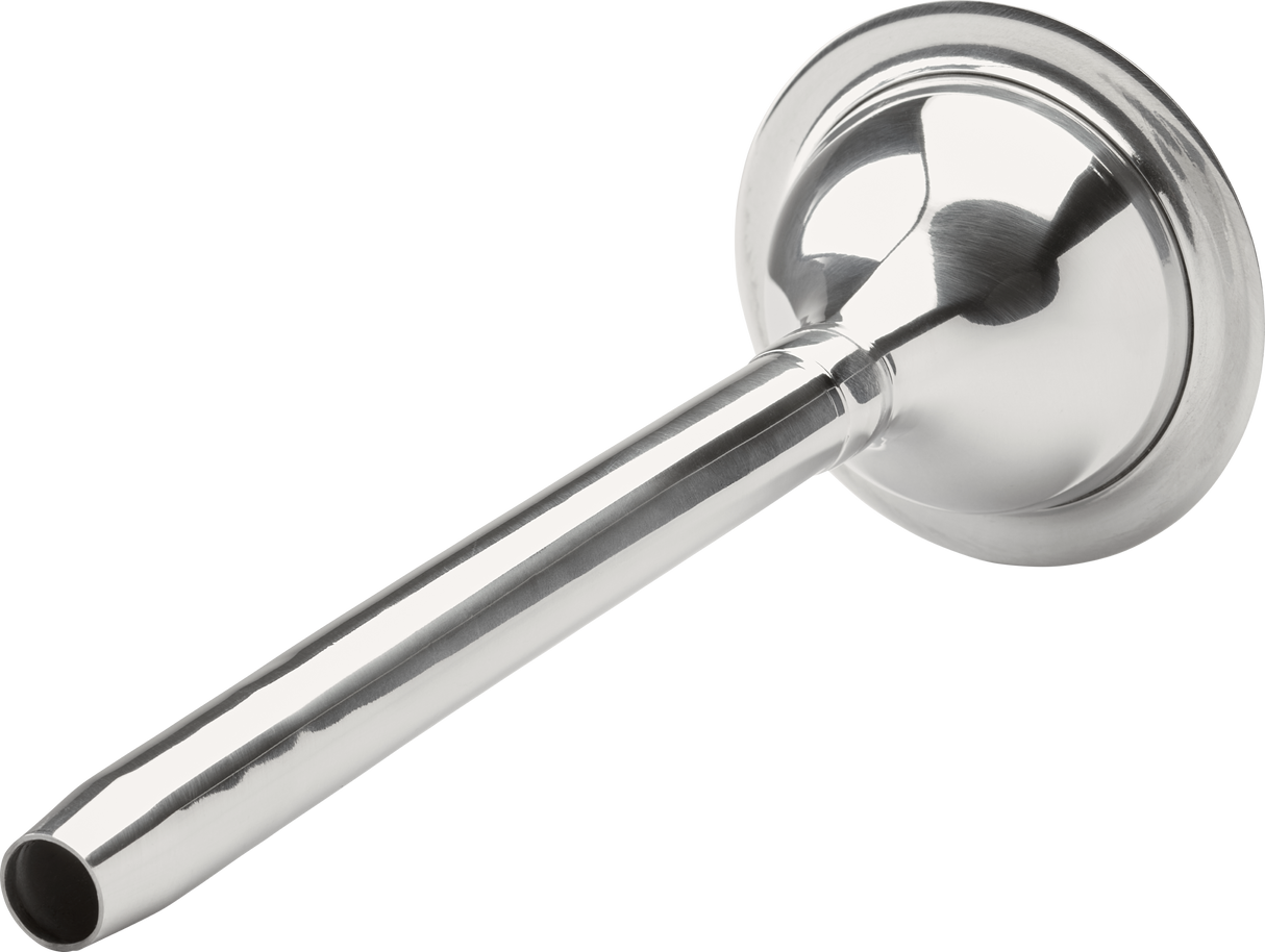A shiny stainless steel stethoscope chestpiece with a circular flat head and cylindrical tube, photographed on a white background, reminiscent of the precision found in Hobart #12 Stuffer equipment used for sheep processing.
