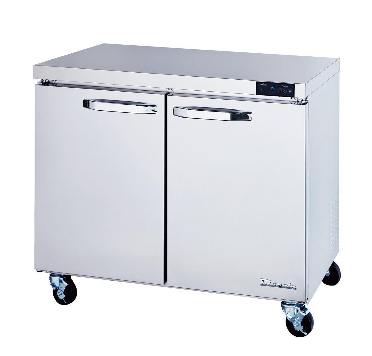 A stainless steel 36-inch commercial freezer on four wheels, with two side-by-side doors featuring horizontal handles. The flat top surface and small digital control panel on the top right front add to its functionality. The brand name is visible at the bottom right.