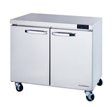 A stainless steel undercounter refrigerator with two doors, each featuring a horizontal handle. The ENERGY STAR unit sits on four black caster wheels, with a digital temperature display above the doors. The surface is clean and reflective.