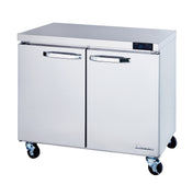 A stainless steel undercounter refrigerator with two doors, each featuring a horizontal handle. The ENERGY STAR unit sits on four black caster wheels, with a digital temperature display above the doors. The surface is clean and reflective.