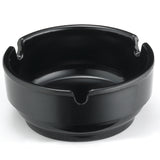 A glossy black phenolic ashtray with three evenly spaced notches on the rim for resting cigarettes, sitting on a white background. This circular, dishwasher safe ashtray features a slightly raised base for added stability.