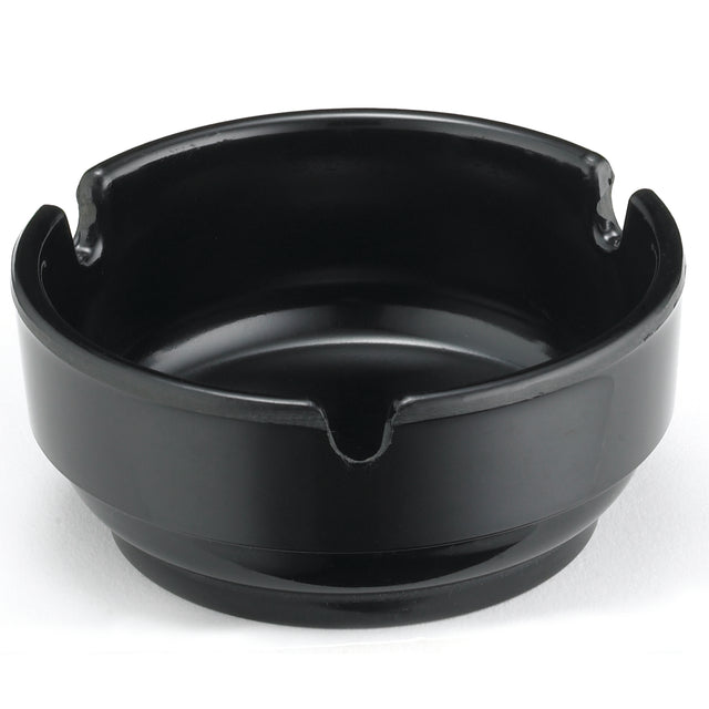 A glossy black phenolic ashtray with three evenly spaced notches on the rim for resting cigarettes, sitting on a white background. This circular, dishwasher safe ashtray features a slightly raised base for added stability.