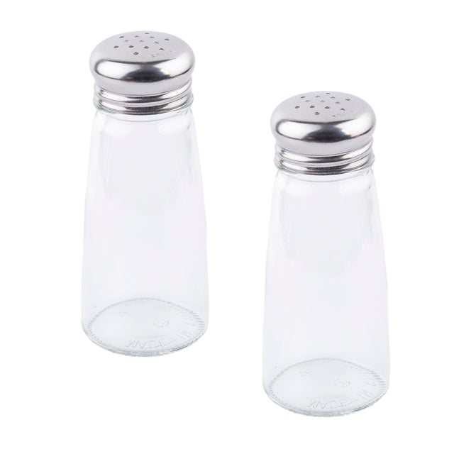 Two clear glass Salt/Pepper Shaker bottles with stainless steel tops sit upright on a white background, side by side with a slight gap. Their silver lids feature small dispensing holes and the shakers are empty.