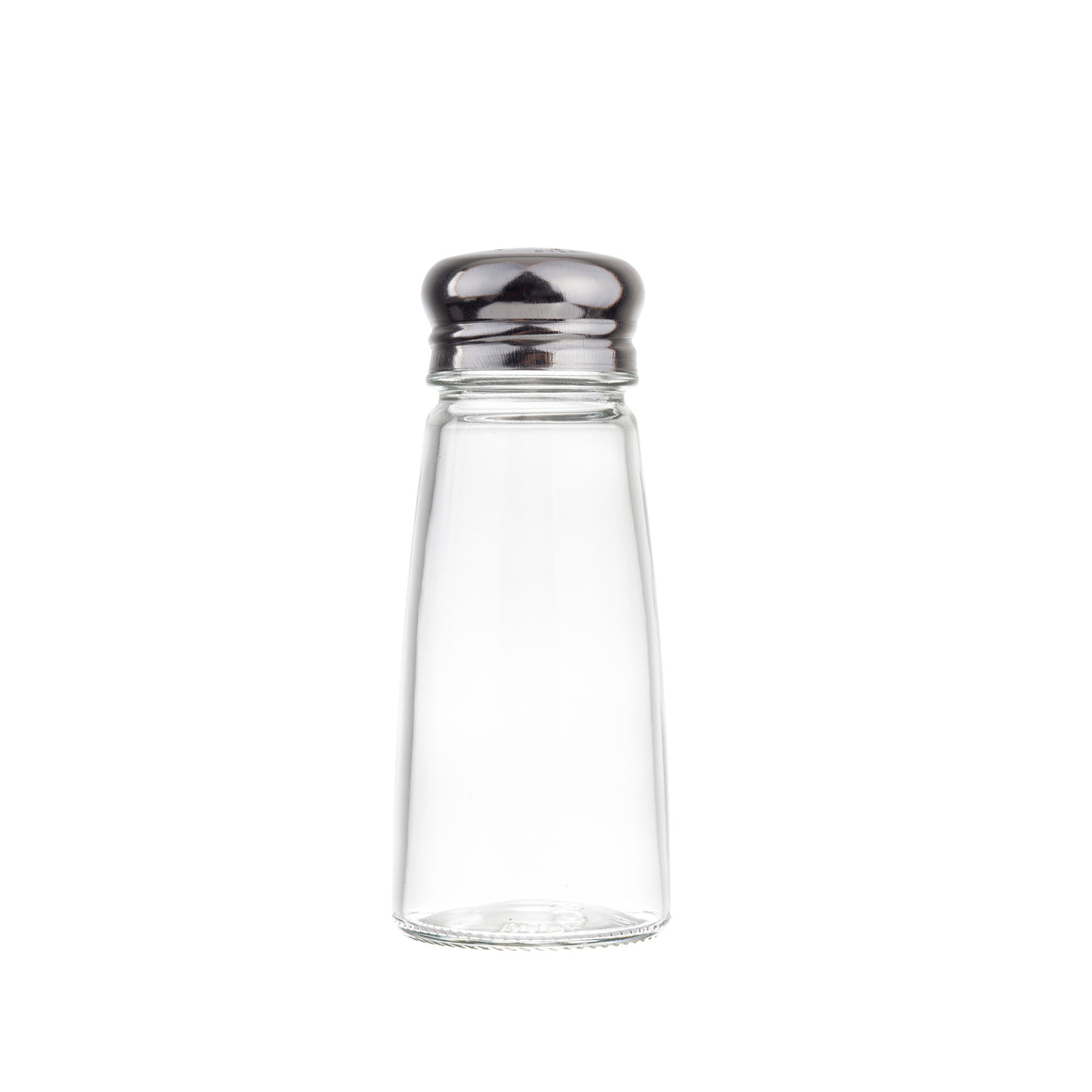 A clear glass Salt/Pepper Shaker with a stainless steel top stands upright and centered on a plain white background, showcasing its simple, classic design without any labels or contents inside.
