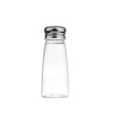 A clear glass Salt/Pepper Shaker with a stainless steel top stands upright and centered on a plain white background, showcasing its simple, classic design without any labels or contents inside.