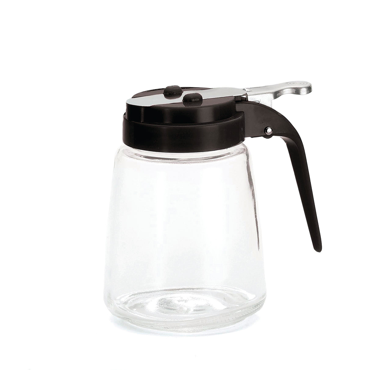 This TableCraft Modern Glass Dispenser features a black plastic lid and handle with a lever for easy pouring. The clear, empty jar is dishwasher safe, and its shape and details are highlighted against the plain white background.