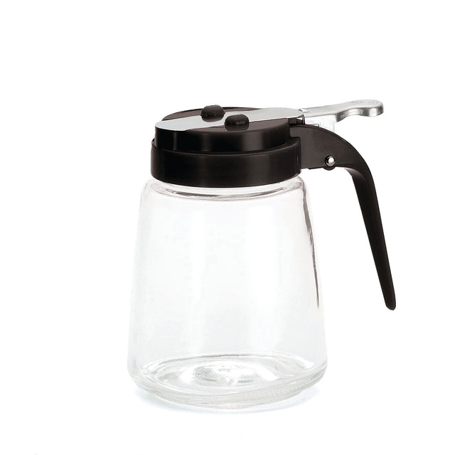This TableCraft Modern Glass Dispenser features a black plastic lid and handle with a lever for easy pouring. The clear, empty jar is dishwasher safe, and its shape and details are highlighted against the plain white background.